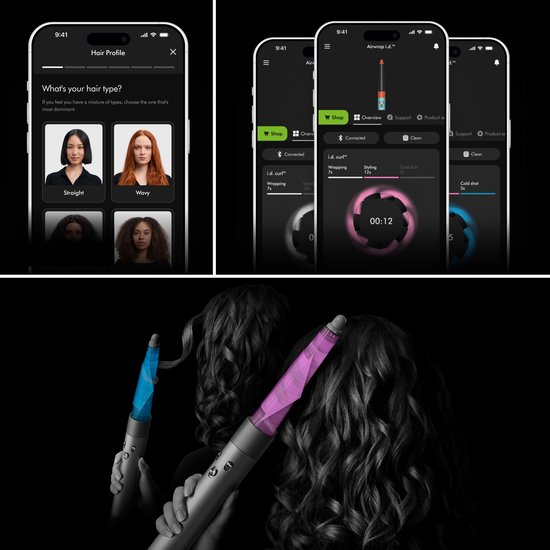 Screenshots van de Dyson Airwrap i.d. app en een vrouw die haar met de styler krult.