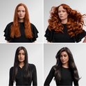 Vier panels: roodharige vrouw met steil haar, roodharige vrouw met golvend haar, vrouw met donker steil haar, vrouw met donker golvend haar.