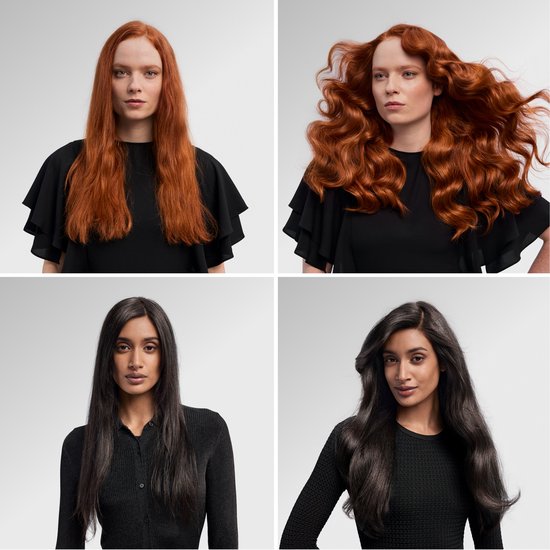 Vier panels: roodharige vrouw met steil haar, roodharige vrouw met golvend haar, vrouw met donker steil haar, vrouw met donker golvend haar.