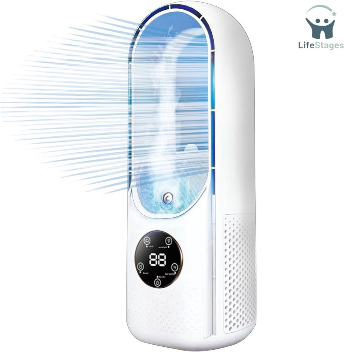 LifeStages - Draagbare Aircooler - Mobiele Airconditioning - Mini Luchtkoeler met Waterkoeling - USB 4-in-1 Draagbare Mobiele Airconditioner - 6 Luchtsnelheden en 8 LED's - 1-6 Uur Timer voor Kamers - Huizen en Kantoor - [Energieklasse A++].