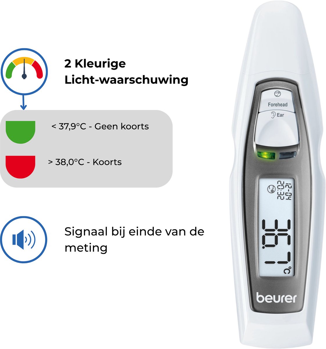 Beurer FT 65 Infraroodthermometer – Voorhoofd-, Oor- & Objectmeting – Digitale Koortsthermometer – Baby & Volwassene - LED Koortsindicator – 10 Geheugenplaatsen – Meting in Seconden – Groot Display – Medisch Gecertificeerd – Incl. Batterijen – Wit — cadeau in Cadeau-ideeën - foto 2