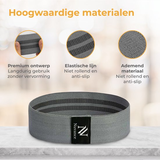Grijze weerstandsband met donkergrijze strepen en logo. Toont het premium, elastische en ademende materiaal.