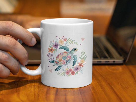 Mug Tortue, Mug à Motif Floral, Mug Tortue Adorable, Mug Café et Thee , Mug Élégant, Idée Cadeau, Mug au Design Unique
