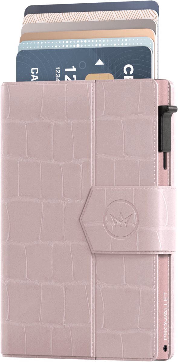 Prowallet Plus - Croco Zachtroze - Pasjeshouder voor 8 pasjes, briefgeld en muntgeld - Uitschuifbaar - RFID Creditcardhouder - Kaarthouder Portemonnee, Premium Pashouder voor Vrouwen - Aluminium, Kunstleer - Incl. Luxe Cadeaubox