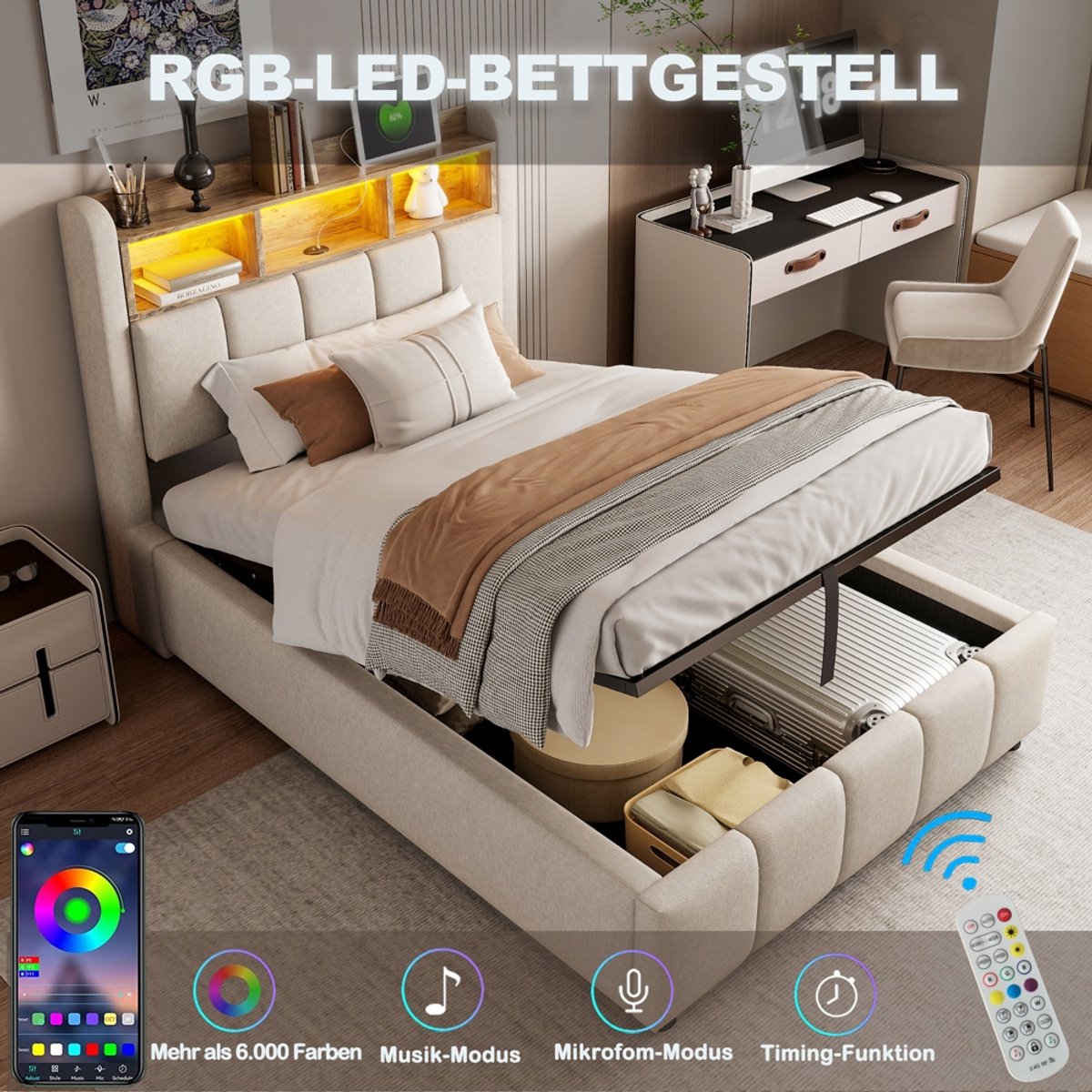 PugsdrlyGestoffeerd bed 90*200 cm met ledverlichting en USB-aansluiting, hoofdeinde met opbergvlakken en opbergruimte, met hydraulische opbergruimte, eenpersoonsbed voor kinderen, beige linnen — cadeau in Cadeau-ideeën - foto 7