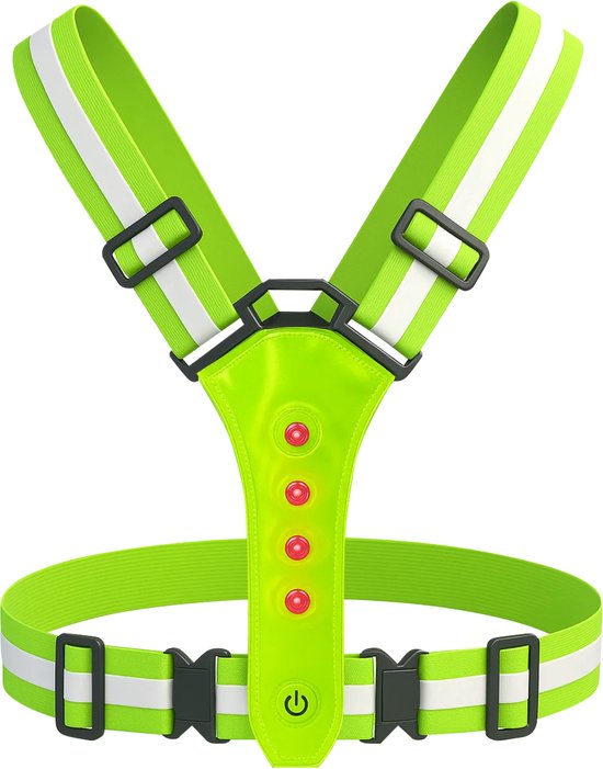Lichtgroen hardloopvest met reflecterende strepen en 4 rode LED lampjes aan de voorzijde.