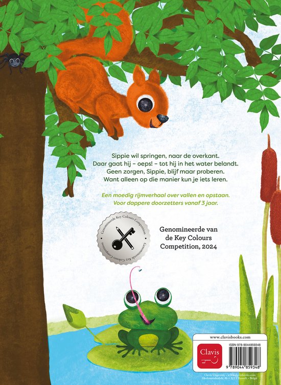 Een eekhoorn in een boom kijkt naar beneden naar een kikker op een waterlelie. De achterkant van het boek 'Als je springt en je valt'.