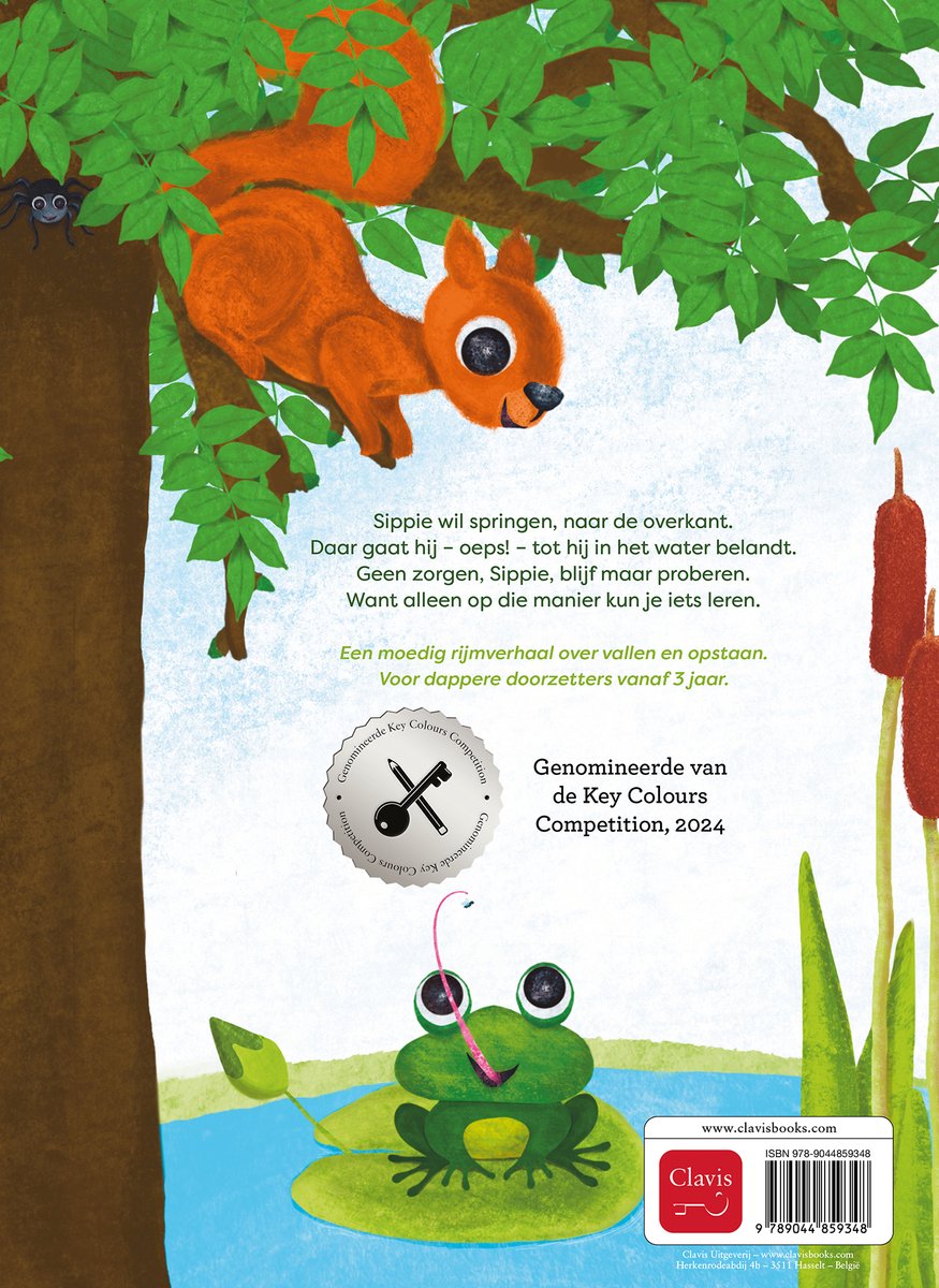 Een eekhoorn in een boom kijkt naar beneden naar een kikker op een waterlelie. De achterkant van het boek 'Als je springt en je valt'.