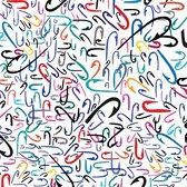 Abstract patroon met veelkleurige, gedraaide lijnen en haakjes op een witte achtergrond.
