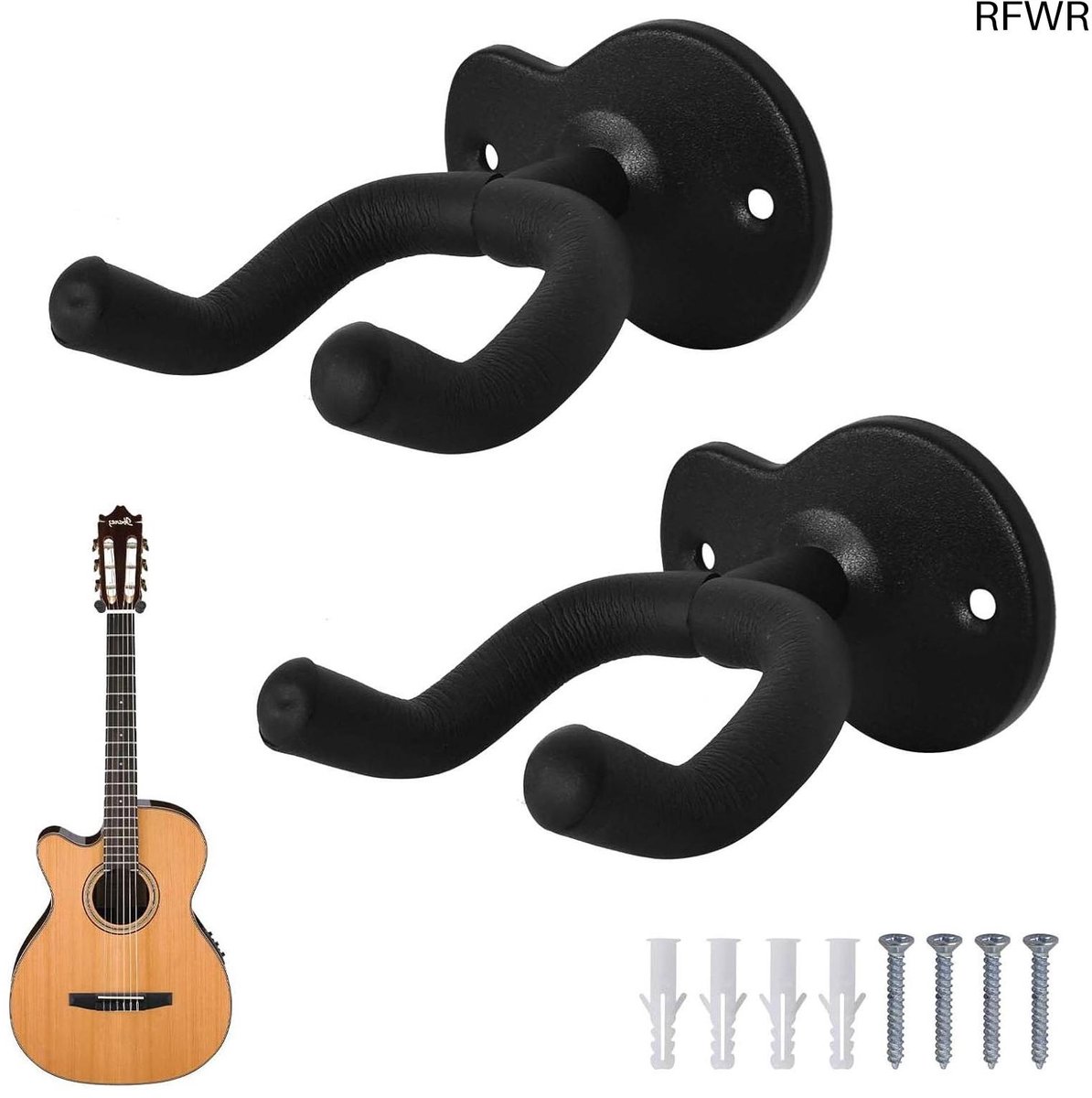 RFWR® Gitaarhouder Wandmontage - 2 Pack Wandhaak voor Muziekinstrumenten - Zwart - Eenvoudig te Installeren voor Gitaren, Bassen, Mandolines, Ukuleles en Meer