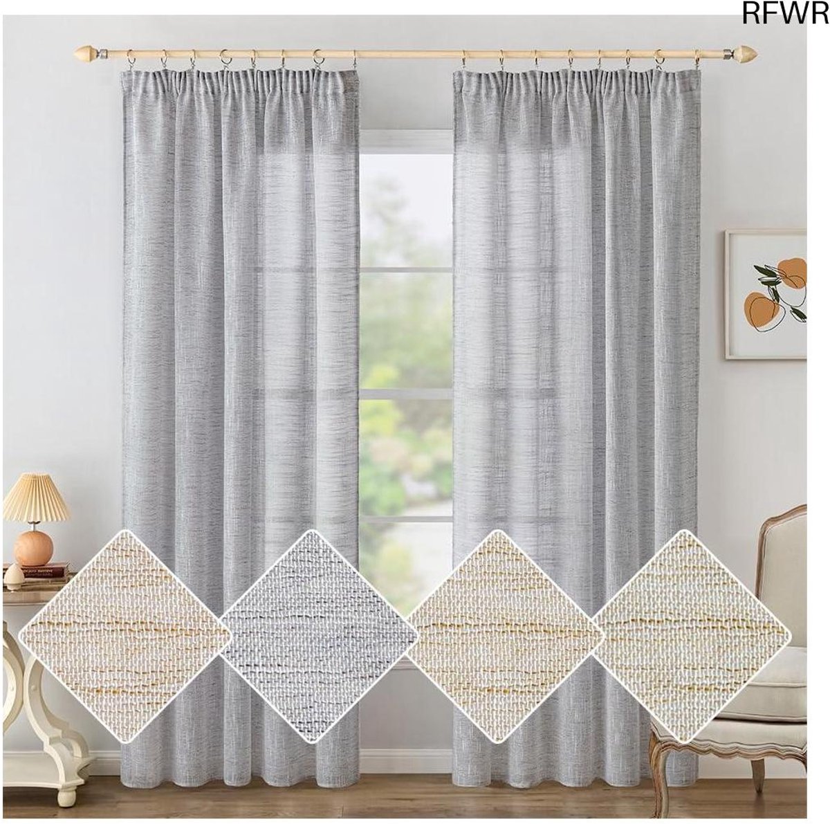 RFWR® Linnen Look Gordijnen met Plooiband - Set van 2, 140 x 122 cm