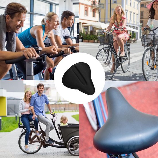 Collage van mensen op hometrainers en fietsen, met in het midden een zwart fietszadel.