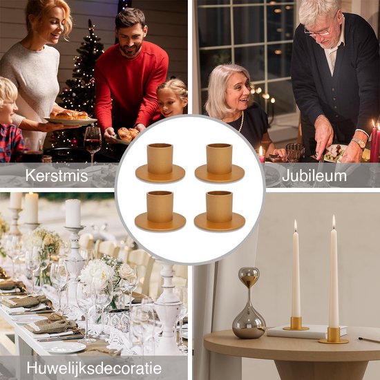 Collage met vier afbeeldingen: familie bij kerstboom, paar bij jubileum diner, gedekte tafel, twee kaarsen. Centraal: vier gouden kaarshouders.