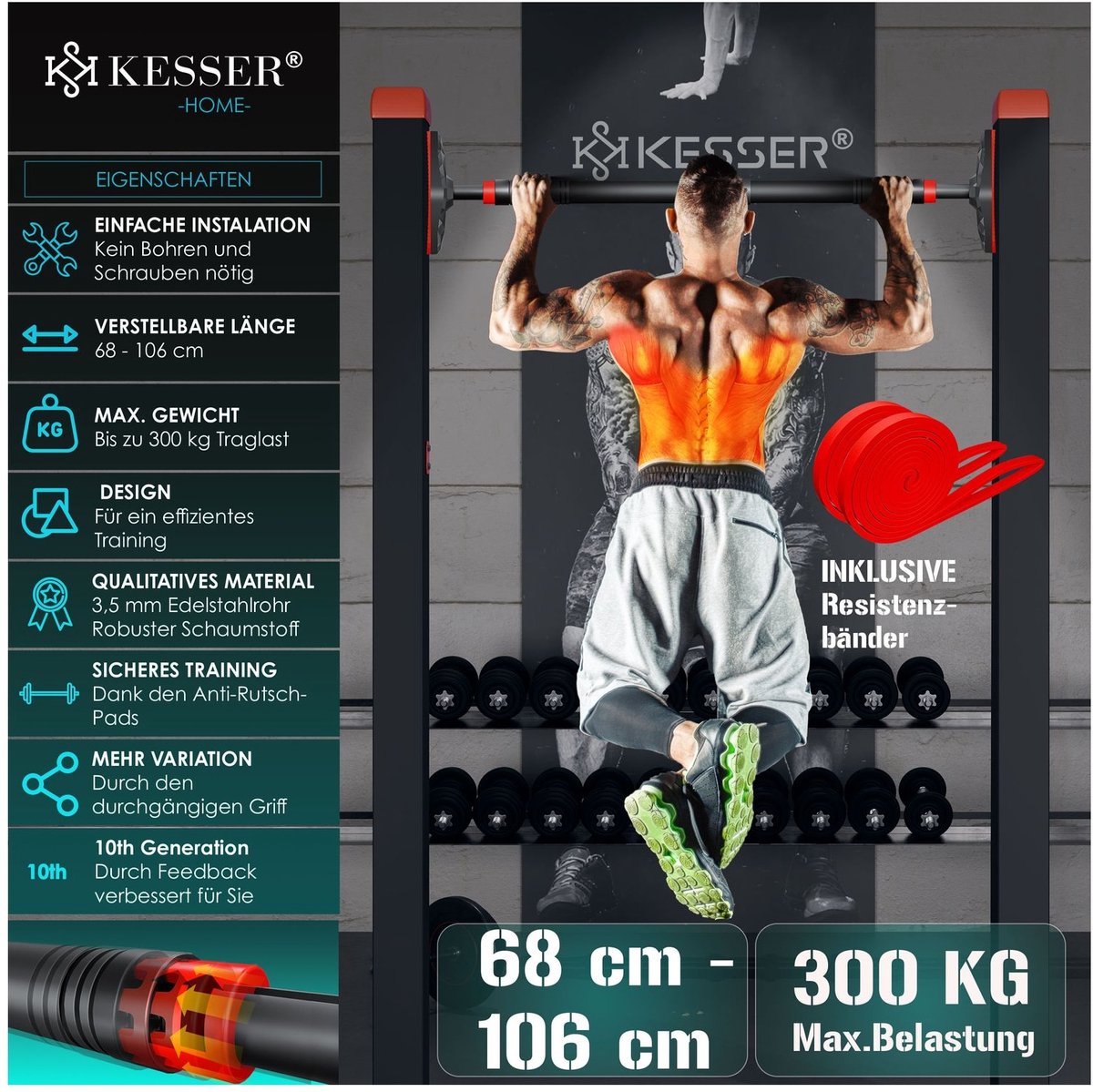 KESSER® Optrekstang voor deurkozijnen, verstelbare optrekstang voor thuisgyms, rekstok zonder schroeven/boren,