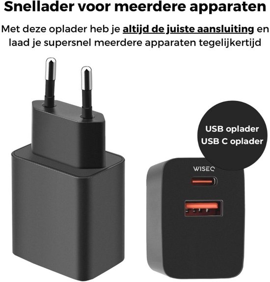 Zwarte 33W snellader met EU stekker en een compacte lader met USB A en USB C poorten.