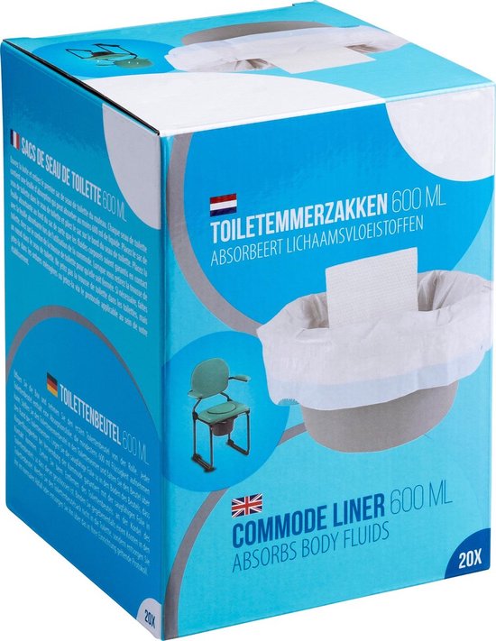 Doos met 'Commode Liner 600 ML' toiletemmerzakken met een afbeelding van een toiletstoel en vlaggen van Nederland en het VK.