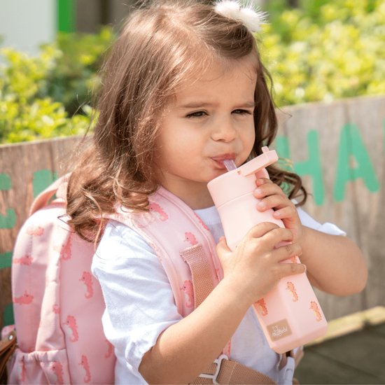 Mabebi - Drinkfles met kliksysteem 350 ml - Lekvrije drinkfles voor kinderen - Waterfles voor onderweg - Siliconen drinkfles met rietje - Schoolbeker - Zeepaardjes Roze van Mabebi — afbeelding 5