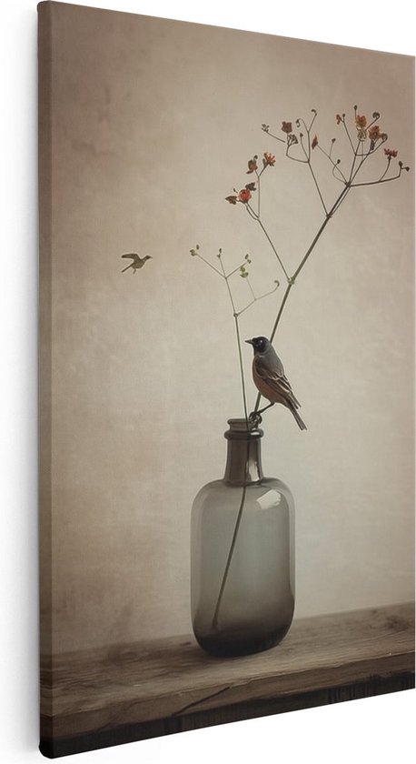 Canvas schilderij met een vogel op een tak in een vaas, met een gedempt, sfeervol effect.