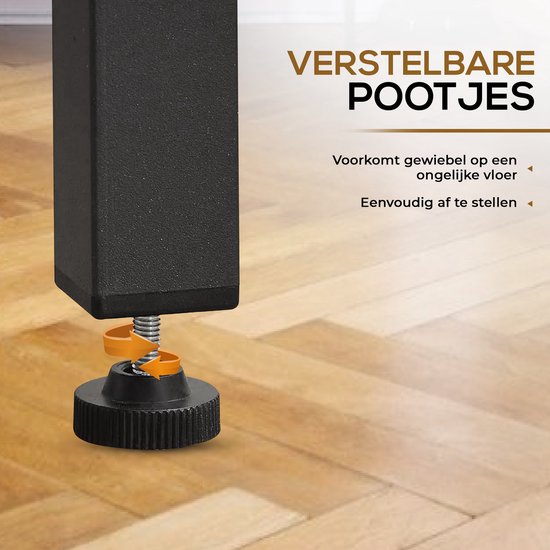Zwarte metalen meubelpoot met verstelbaar voetje en oranje schroefdraad.