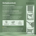 Instructies voor een jute schaduwdoek: bevat 1x schaduwdoek, 4x D-ringen, 1x touw. Benodigdheden: ophangpunten. Onderhoud: zachte borstel, lauw water. Niet in machine wassen.