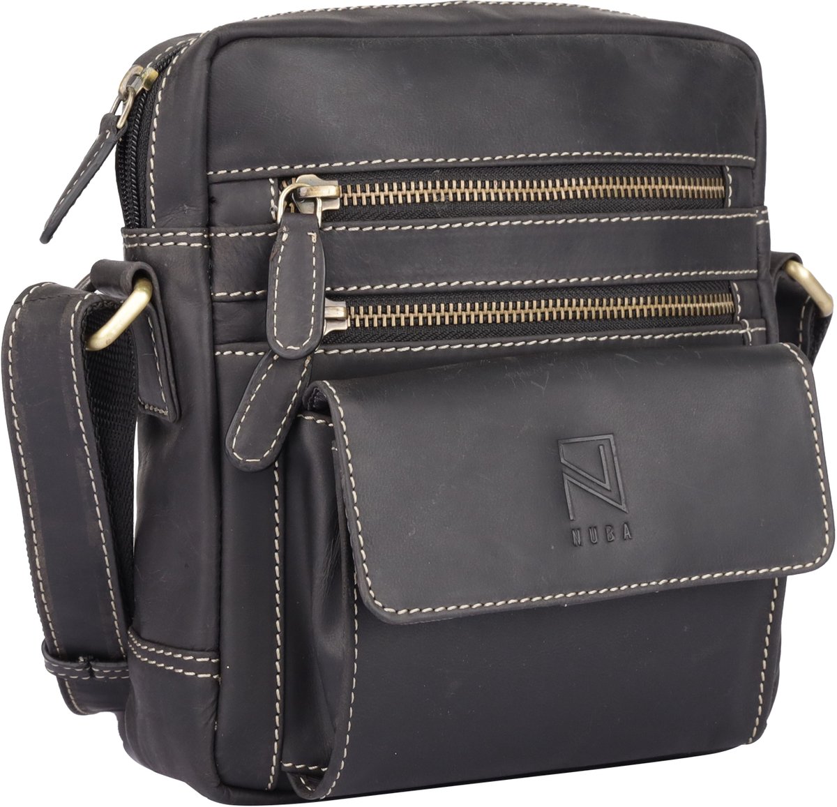 NUBA Schoudertas Leren tas Hunter - crossbodytas 100% Leer - Nature 3332 - Buffelleer tas middelmaat - Zwart Antraciet