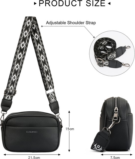 Zwarte Eleganci crossbody tas van zacht vegan leer, 21.5cm breed, met geometrische schouderband.