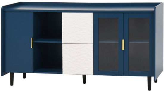 Moderne keukenkast, 55-inch koffiebarkast met 2 lades, 2 open planken en 2 glazen deuren, houten buffetkast voor keuken en woonkamer, blauw
