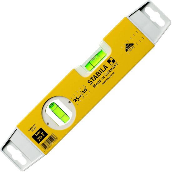 Gele STABILA waterpas type 70 T, 25 cm, met een waterpas en twee aluve.