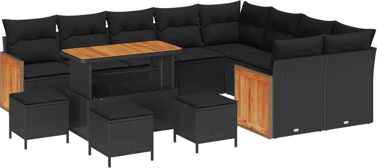 vidaXL - Tuinbank - Set - 13 - pcs - Zwart - Poly - Riet - en - Poedergecoat - Staal