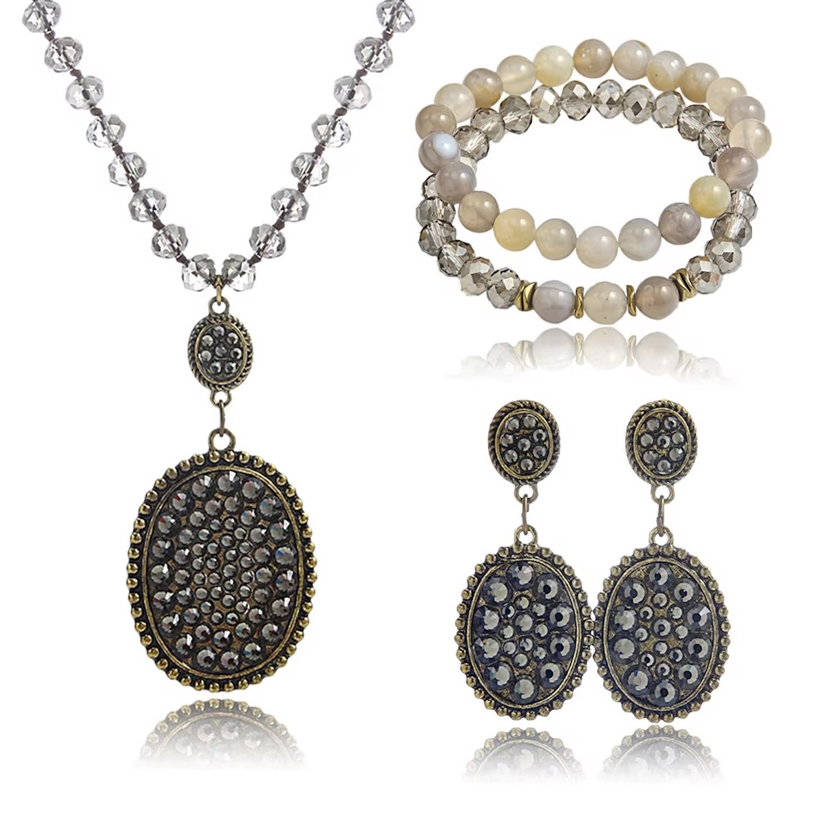 ASTRADAVI Mode Sieraden - Sieraden Geschenkset - Prachtige natuurstenen ketting met bijpassende armbanden en oorbellen - Grijs