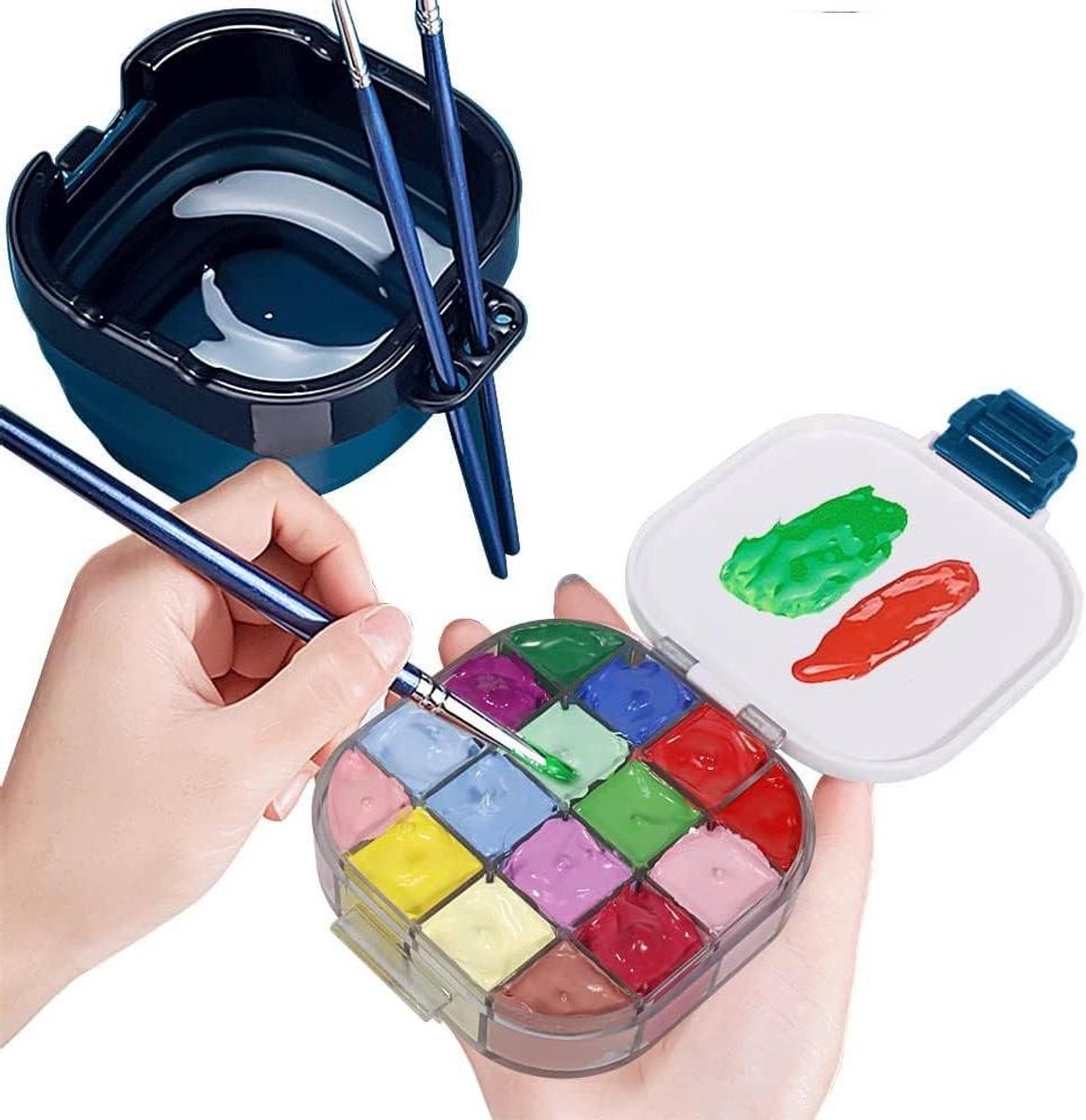 Allecto Premium - Travel verfpalette met inklapbare verfborstel - Draagbare 16-wells verfdoos met kwastreiniger - Ideaal voor aquarel, olieverf en acrylverf - 3-in-1 multifunctioneel ontwerp.