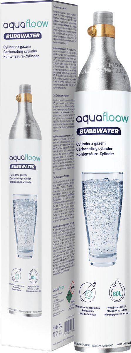 AquaFloow, gascilinder, CO2 cilinder voor sodamaker, koolzuurcilinder reserve, geschikt voor AquaFloow Bubbwater, cilinder, herbruikbaar, 60L, 1stk