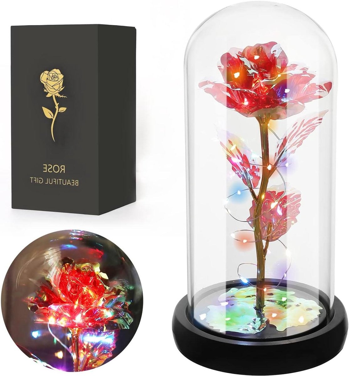 Allecto Premium - Geschenkverpakking met kunstroos in glazen stolp - Kleurrijke regenboogbloem voor vrouwen - Moederdagcadeau met rode kunstbloem
