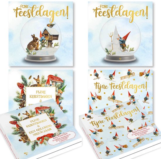 Vier kaarten met gouden tekst 'Fijne Feestdagen'. Twee met winterse sneeuwbollen, één met bosdieren en kabouters, één met skiënde en sleeënde kabouters.