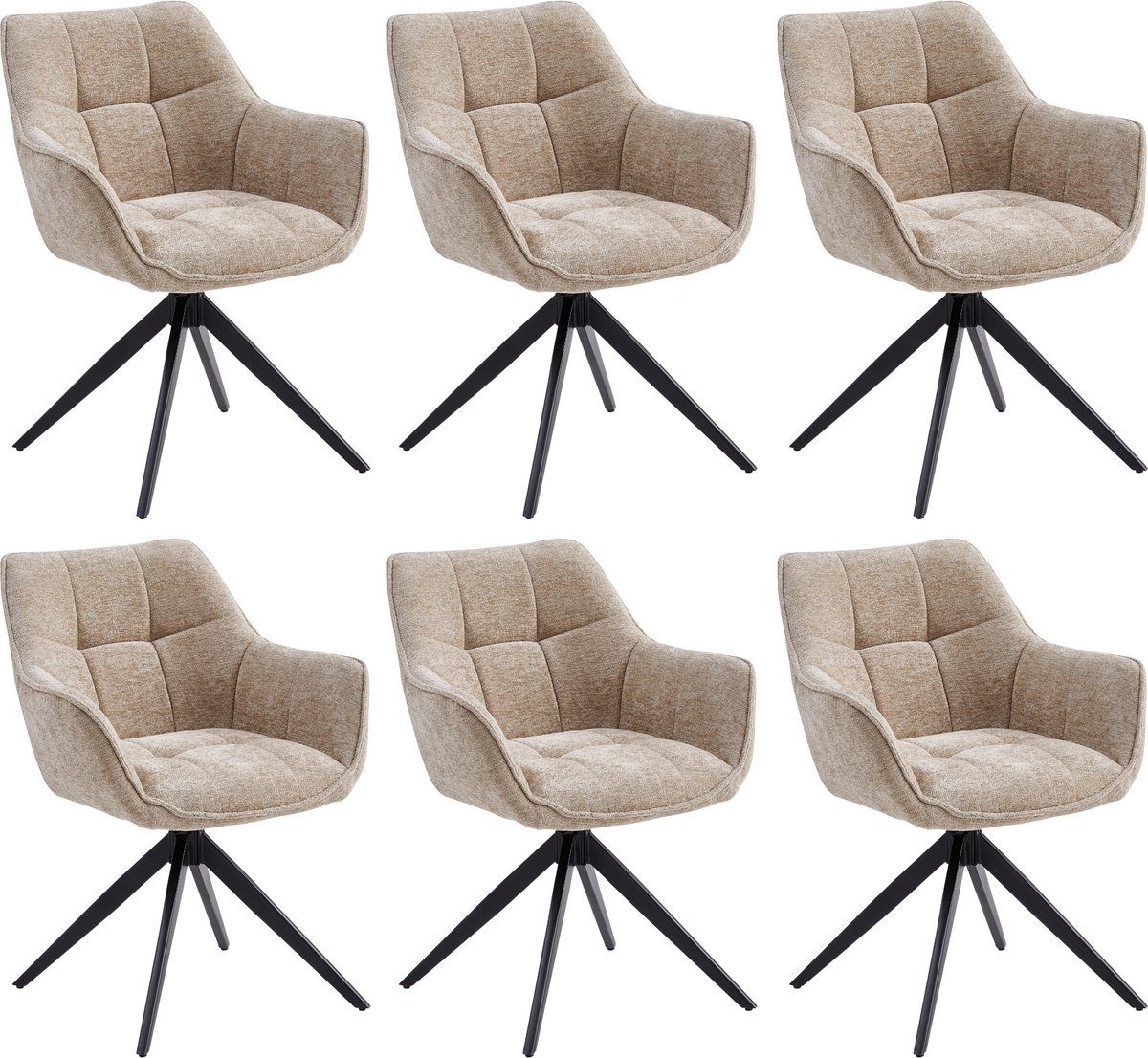 Colenis® - Boston Eetkamerstoel - Set van 6 - Taupe - Chenille Stof - Gestoffeerde zitting - Metalen poten - 180° - Draaistoel