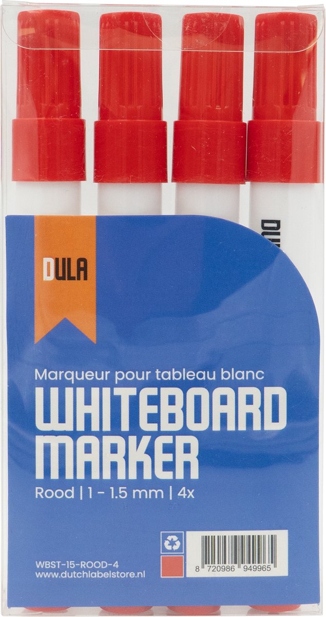 Whiteboardstiften rood Set van 4 – Whiteboard markers met ronde punt - 4 stuks - Rood - DULA