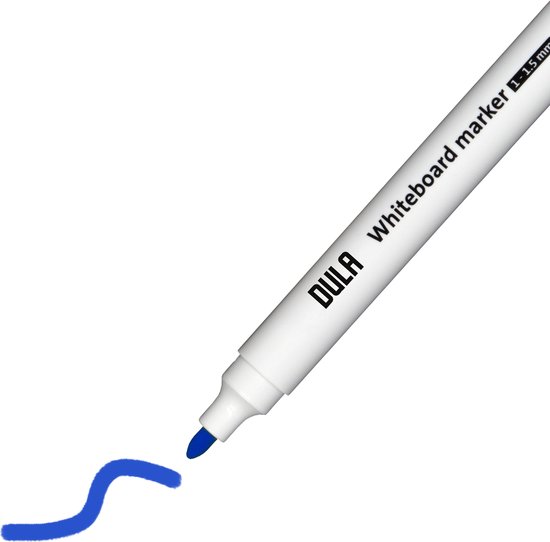 Blauwe DULA whiteboardmarker tekent een blauwe lijn op een witte achtergrond.