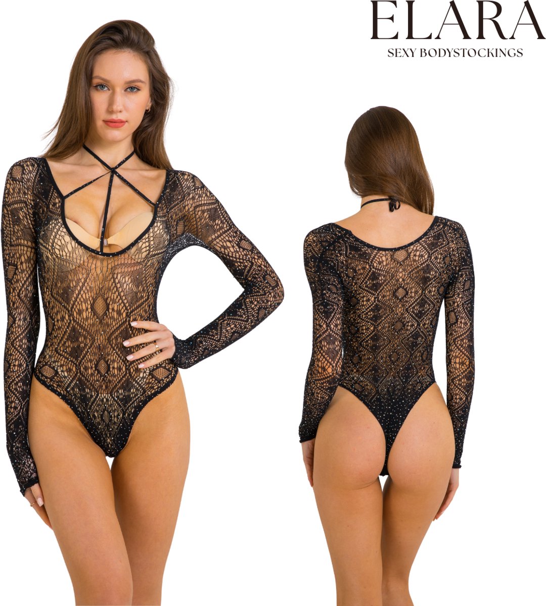 Elara - Amara | Sexy Zwarte Body met Strass | Maat S t/m L | Luxe Lingerie met Diamantjes - Erotische Lingerie Dames