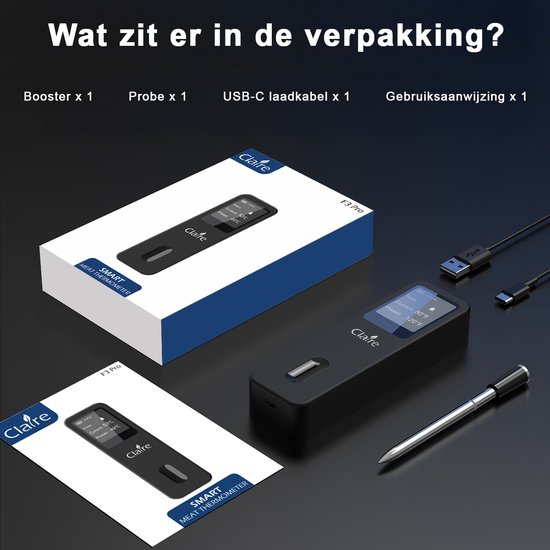 Claire F3 Pro smart vleesthermometer, verpakking, meetsonde en USB-C oplaadkabel.