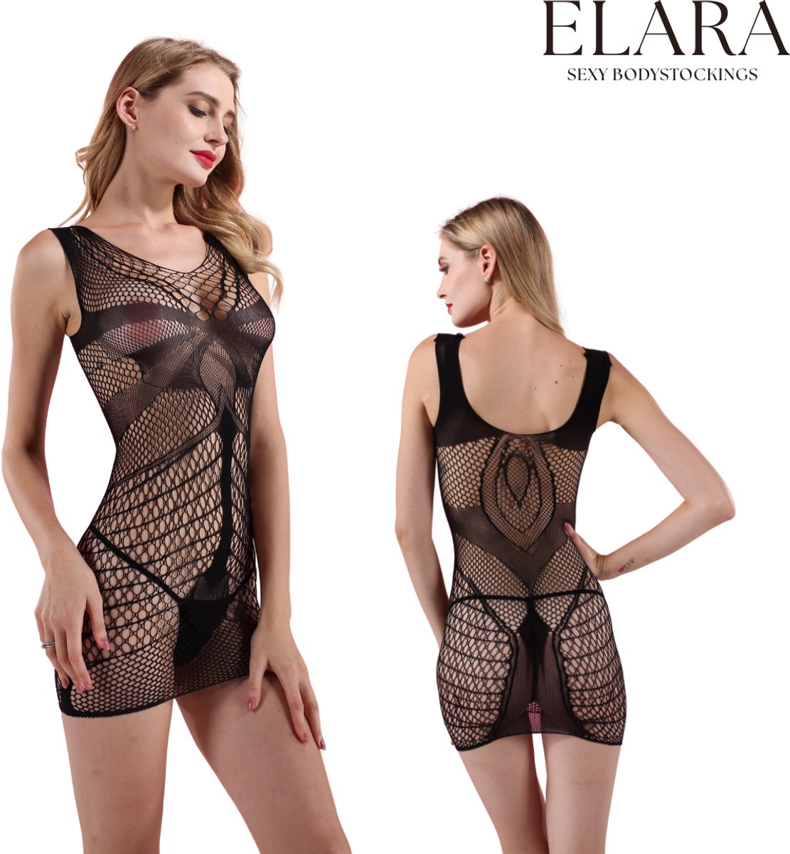Elara - Liora | Zwart Lingerie Jurkje Onze Size | Sexy Bodyjurkje van Kant & Visnet | Maat S t/m L | Sexy Open Body Jurkje