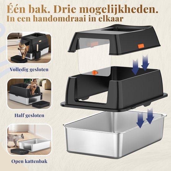 Kattenbak Met Deksel En Uittrekbare Lade - Ideaal Voor Katten Tot 15 Kg Minder Sporen En Lekvrijebodem Inlcusief Handige Schep En Borstel In Antracietgrijs