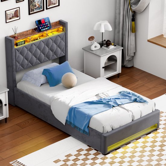 Gestoffeerd bed 90 x 200 cm met verstelbaar hoofdeinde - linnen stof - beige