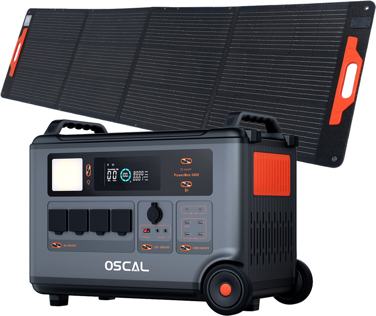 OSCAL PowerMax 6000 - Draagbaar Energiestation - 3600Wh (6000Wh) + PM200 Pro Zonnepaneel