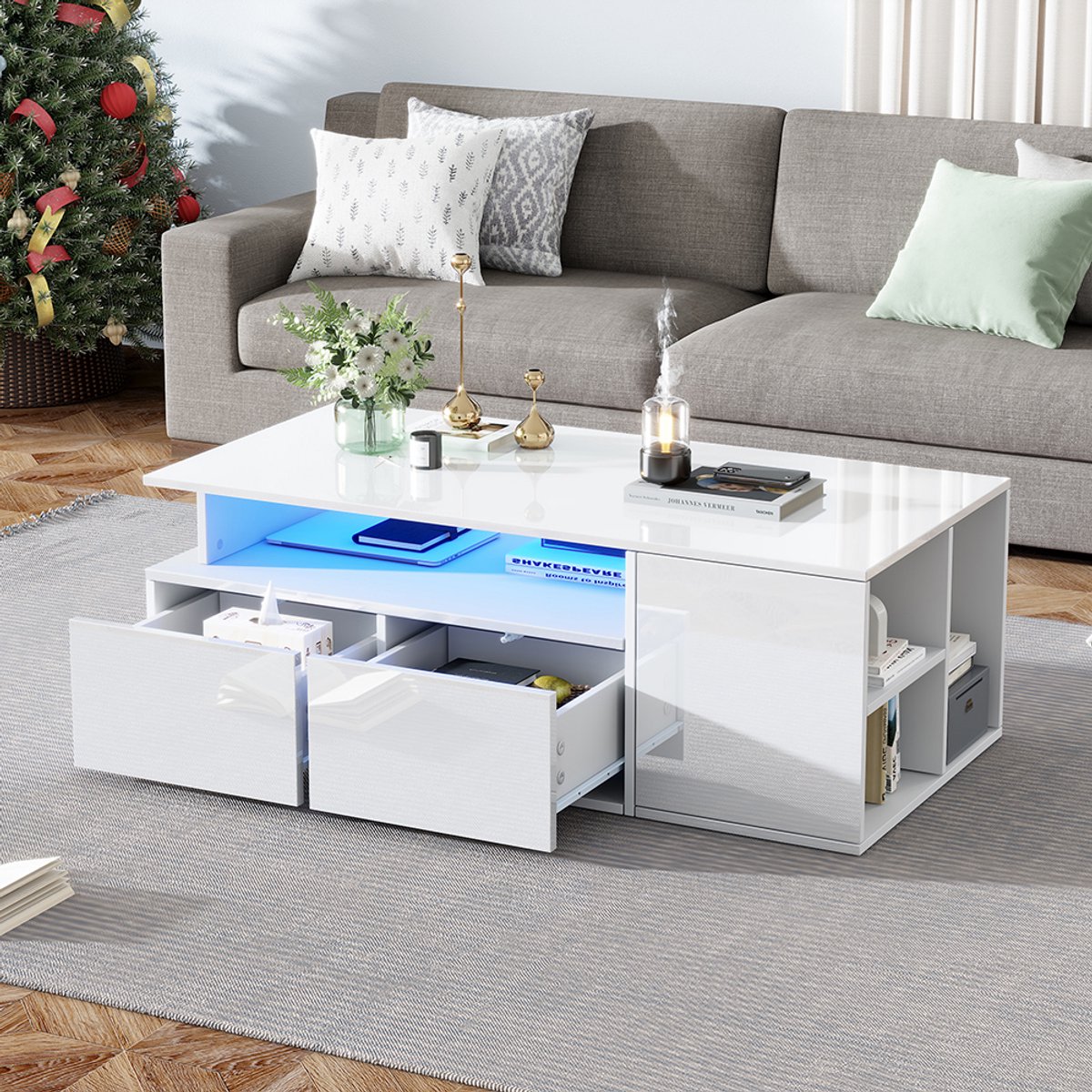 Pugsdrly Salontafel - Wit - 100x50x35 cm - Met ledverlichting - 2 lades - Draagvermogen 60 kg - Veel opbergruimte