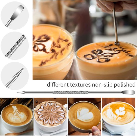 Een latte art pen met verschillende texturen op een handvat, die patronen tekent op koffie.