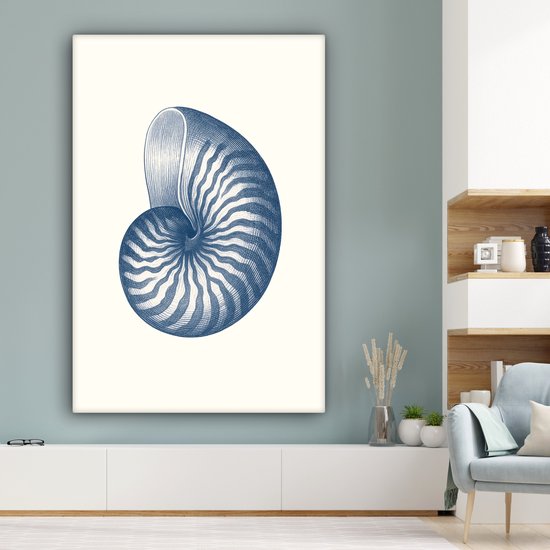 Canvas schilderij 120x180 cm - Exclusieve wanddecoratie Blauw - Schelp - Spiraal - Muurdecoratie woonkamer - Slaapkamer decoratie - Kamer accessoires - Schilderijen op canvas