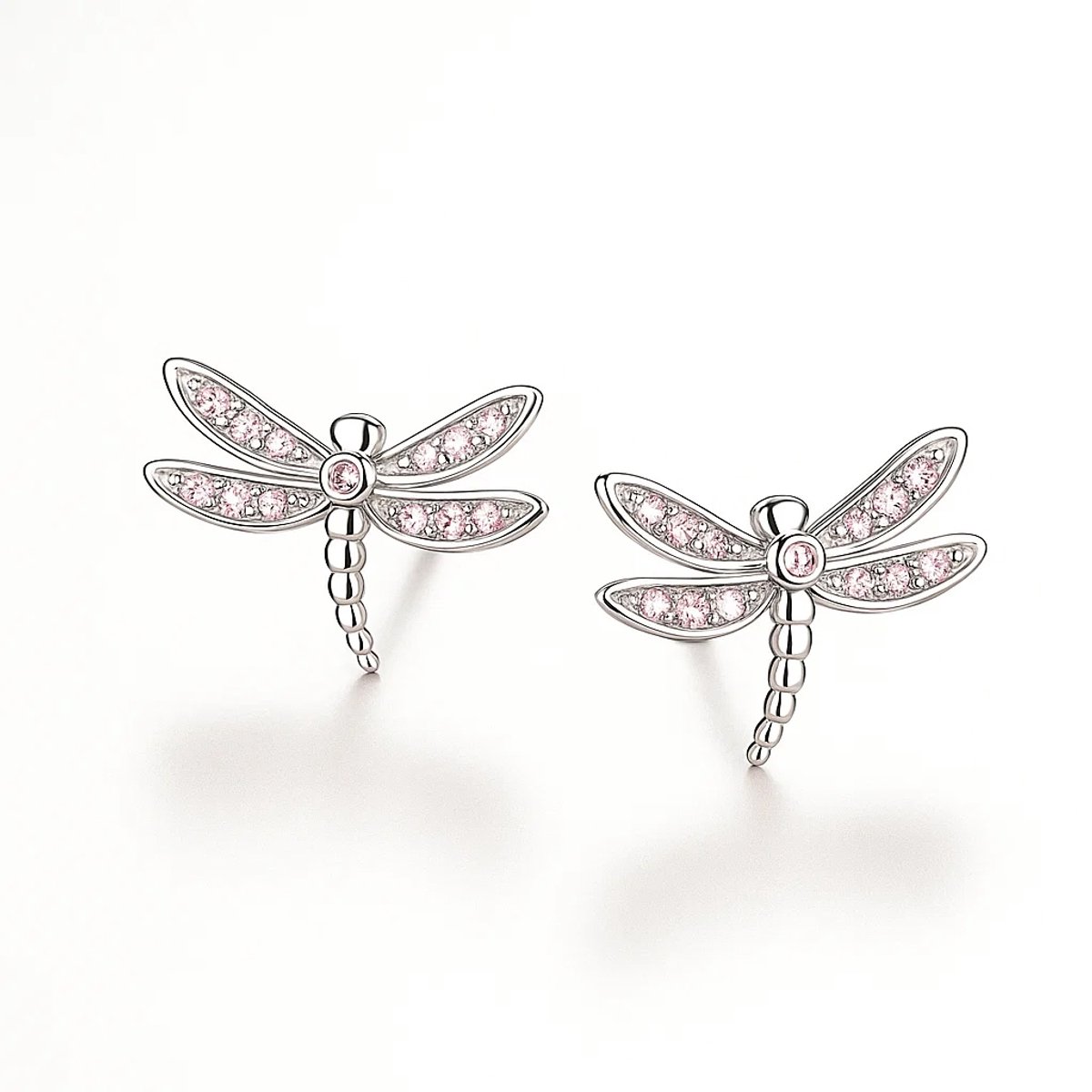 Zilveren Juffertje Zirkonia - Zilveren Dames Oorbelen - Zilveren Oorbellen Dames - Pink Zirconia Dragonfly Earrings - Zilveren Meisjes Oorbellen Waterjuffer - Amona Jewelry