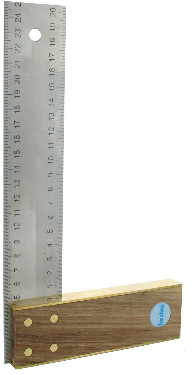 hedue® Schrijnwerkershaak 250 mm – winkelhaak van notenhout met roestvrijstalen blad, 45 mm breed