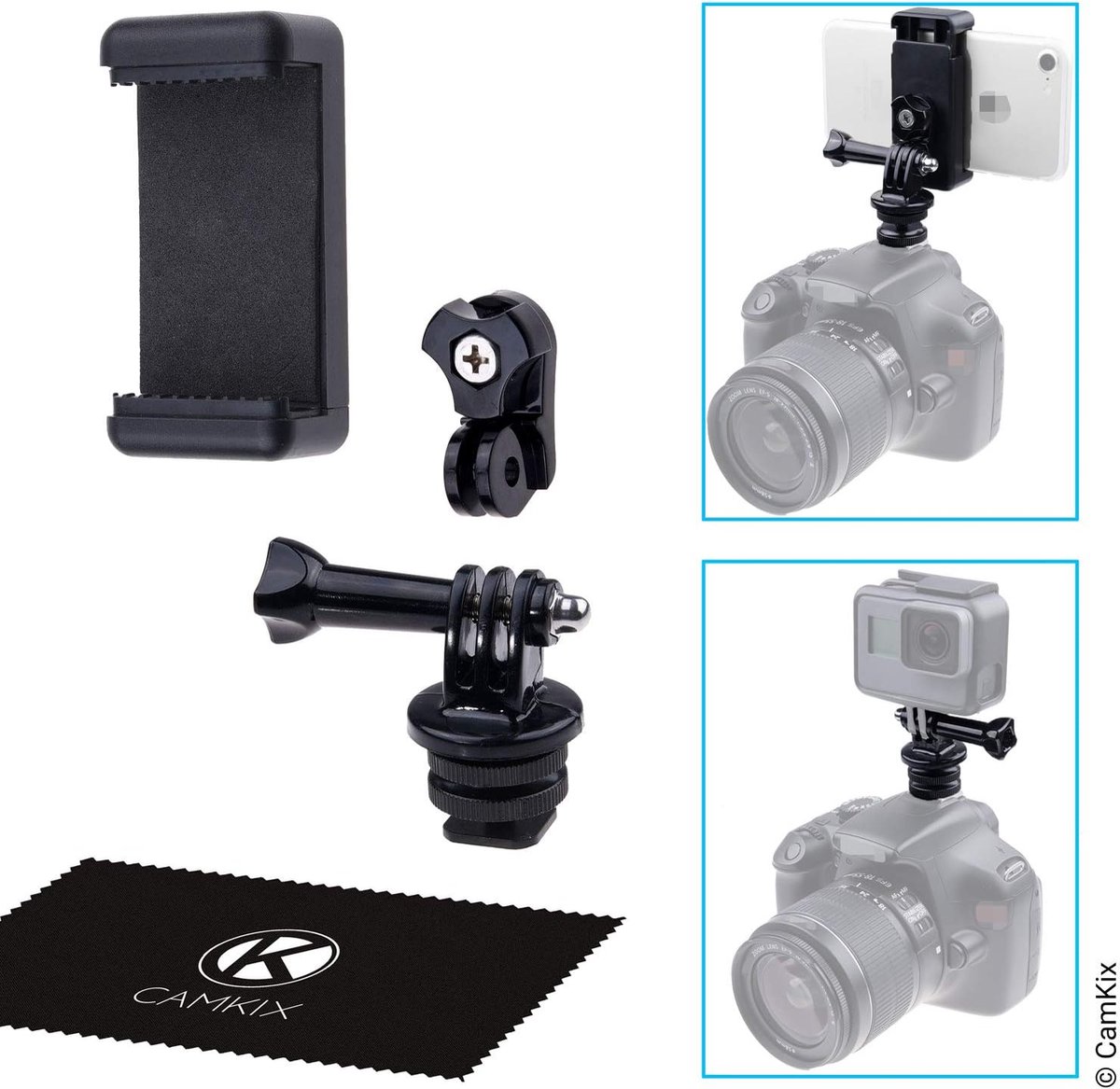 Flitsschoen (Hotshoe) Adapterset compatibel met Smartphone, Actiecamera naar de flitsbevestiging van uw DSLR-camera - neem uw fotoshoot op of gebruik telefoon-apps voor verlichting