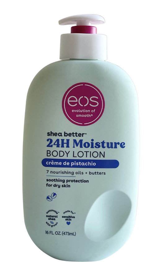 Eos bodylotion met pistachesmaak in lichtgroene fles, 473ml. "shea better 24H Moisture".